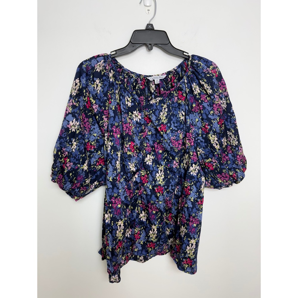Ophelia Roe Womens 2X Floral Puff Sleeve Cotton Blouse Navy Pink Button Front